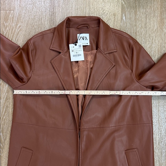 Zara Faux Leather Long Duster Blazer Top Coat Trench Jacket Cognac Brown Medium - Picture 11 of 13